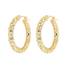 30976 14K YELLOW GOLD DIAMOND CUT MESH HOOPS 1 INCH WITH 3MM TUBE