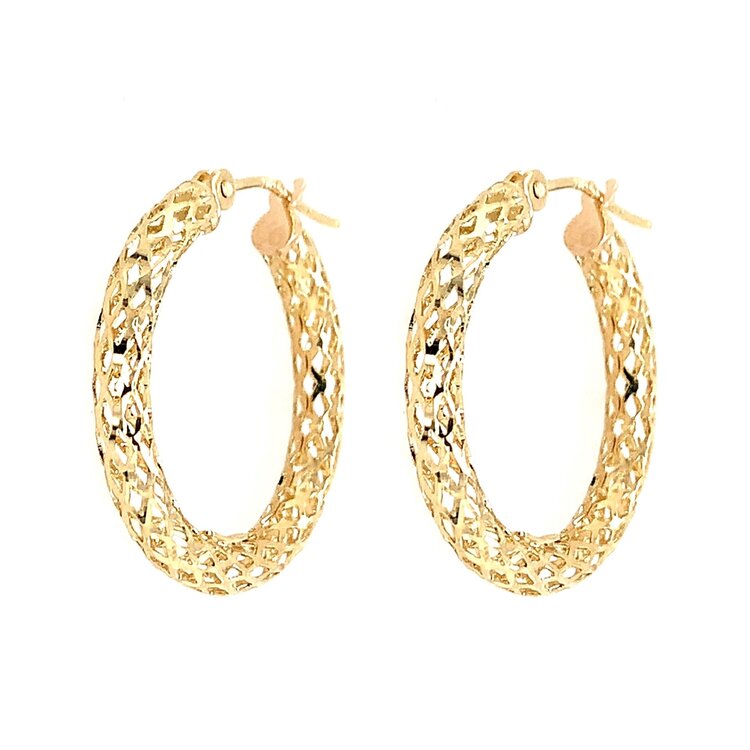 30976 14K YELLOW GOLD DIAMOND CUT MESH HOOPS 1 INCH WITH 3MM TUBE