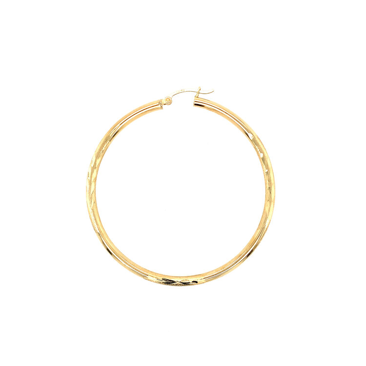 30393 14K YELLOW GOLD 2” HIGH POLISH AND DIAMOND CUT 3MM TUBE HOOPS