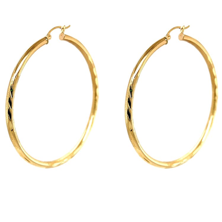30393 14K YELLOW GOLD 2” HIGH POLISH AND DIAMOND CUT 3MM TUBE HOOPS