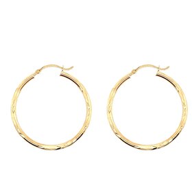 30955 14K YELLOW GOLD 1.25" 2MM DIAMOND CUT AND SATIN FINISH HOOPS