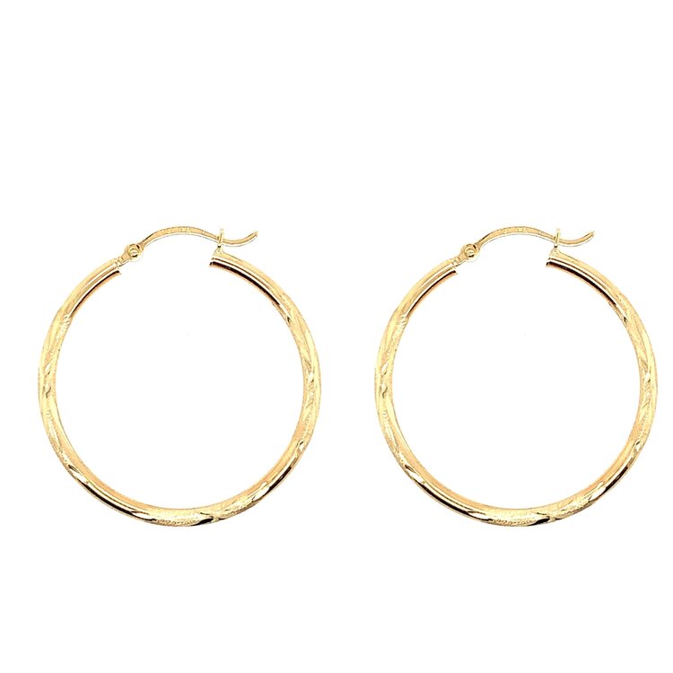 30955 14K YELLOW GOLD 1.25" 2MM DIAMOND CUT AND SATIN FINISH HOOPS