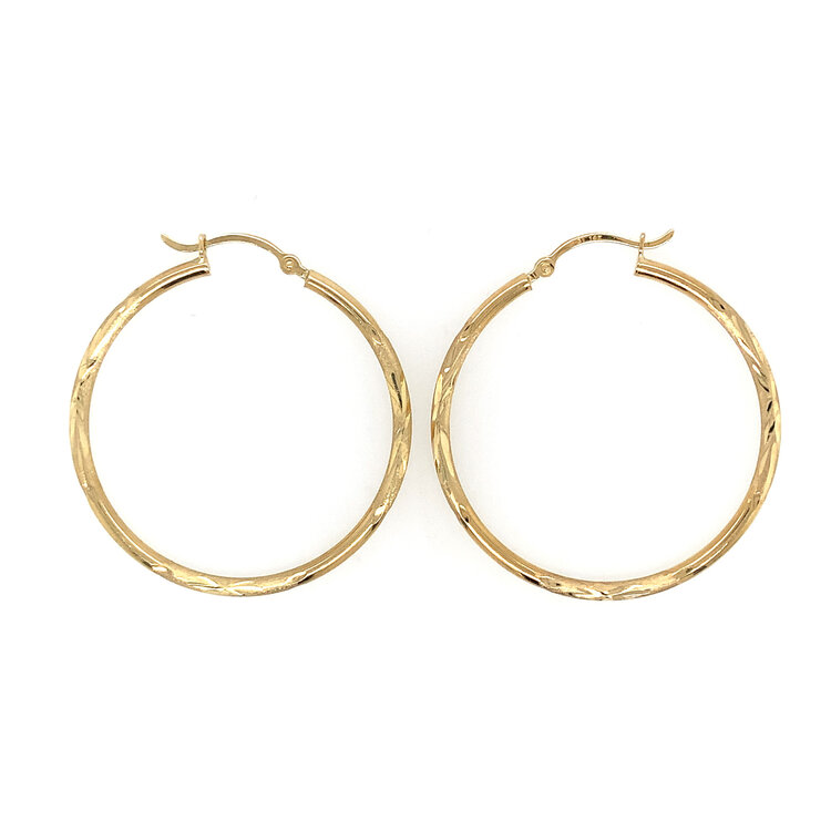 31096 14K YELLOW GOLD 1.45" 2MM DIAMOND CUT SATIN FINISH TUBE HOOPS