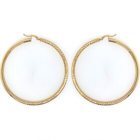 30394 14K YELLOW GOLD 2” HALF HIGH POLISH HALF DIAMOND CUT  3MM TUBE HOOPS