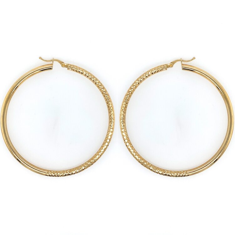 30394 14K YELLOW GOLD 2” HALF HIGH POLISH HALF DIAMOND CUT  3MM TUBE HOOPS