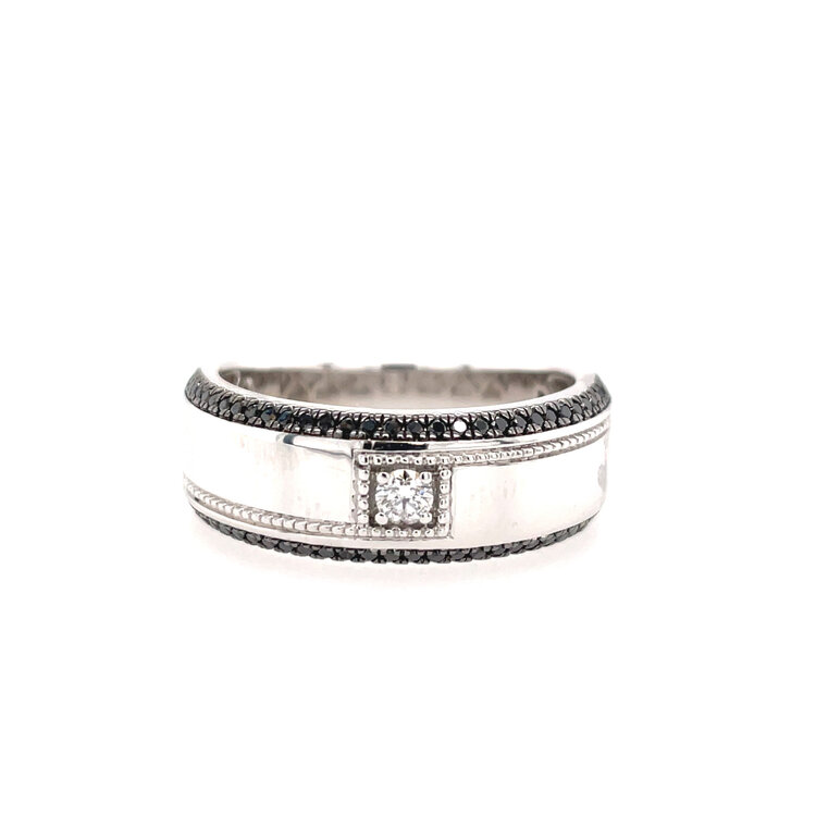 477692 10K  WHITE GOLD .40TCW BLACK DIAMOND EDGE AND WHITE ROUND DIAMOND CENTER WEDDING  BAND