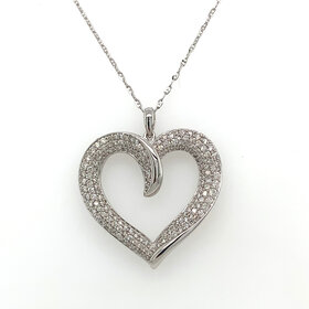 70429 14K WHITE GOLD 1CTW DIAMOND PAVE SET OVER RUN HEART PENDANT NECKLACE