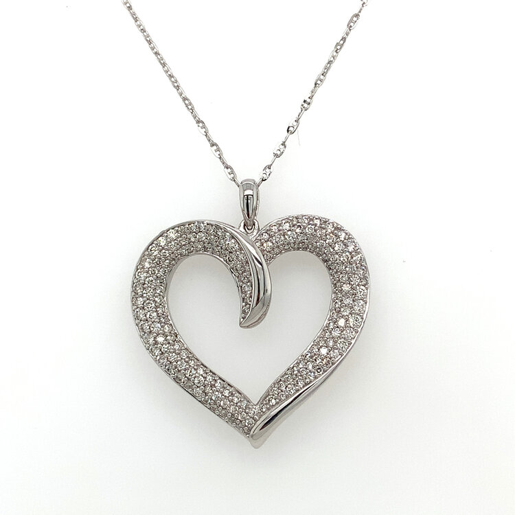 70429 14K WHITE GOLD 1CTW DIAMOND PAVE SET OVER RUN HEART PENDANT NECKLACE