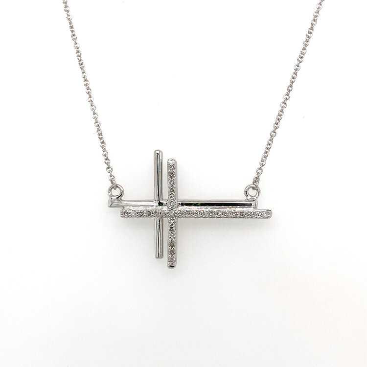 70421 14K WHITE GOLD .18CTW DIAMOND SIDEWAY DOUBLE CROSS NECKLACE