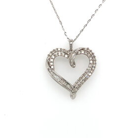 70428 14K WHITE GOLD 1CTW DIAMOND BAGUETTE AND ROUND DOUBLE HEART PENDANT NECKLACE