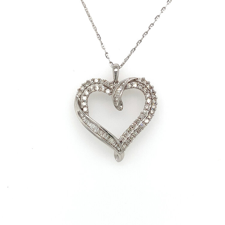 70428 14K WHITE GOLD 1CTW DIAMOND BAGUETTE AND ROUND DOUBLE HEART PENDANT NECKLACE