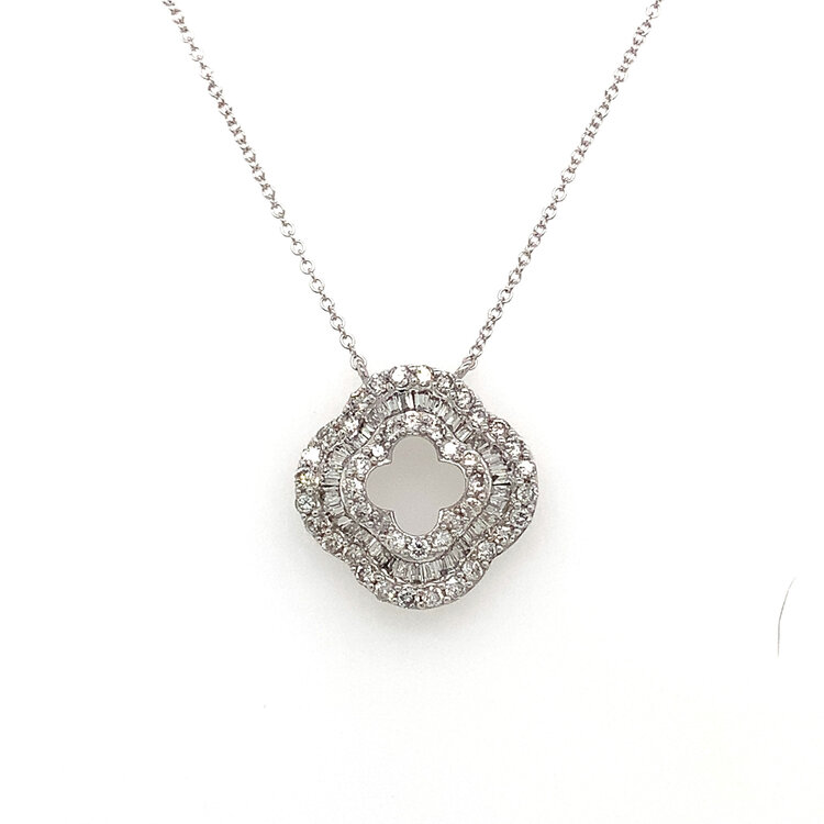 70431 14K WHITE GOLD .75CT DIAMOND BAGUETTE WITH ROUND BORDER OPEN CLOVER PENDANT