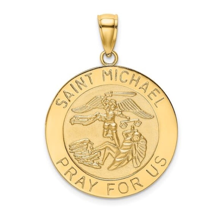 77307 14K YELLOW GOLD HIGH POLISH AND SATIN FINISH SAINT MICHAEL MEDAL SOLID