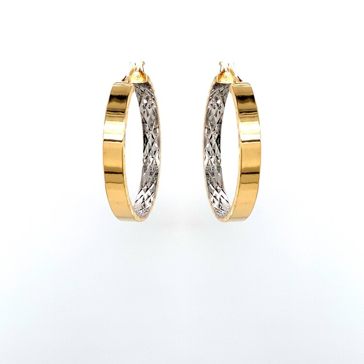 31166 14K TWO TONE HIGH POLISH TOP DIAMOND CUT INSIDE FINISH  3.8MM HOOPS 1.25''