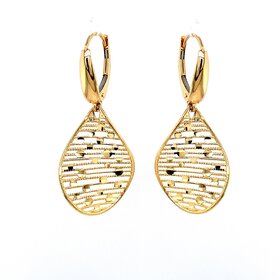31169 14K YELLOW GOLD WAVED STRIPED PETALS WITH DIAMONDS CUT DOTS HANGING EARRINGS