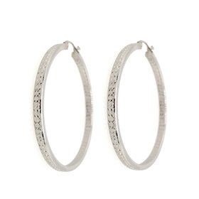 31167 14K WHITE GOLD DIAMOND CUT INSIDE OUT 3MM FLAT TUBE HOOPS 1.75''