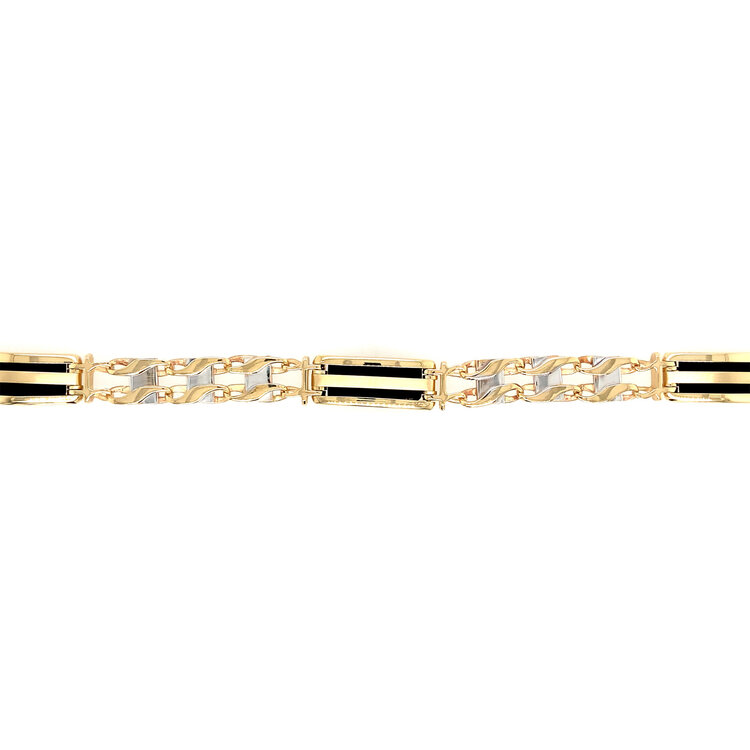 25041 14K TWO TONE GOLD ONYX STRIPE BARS FANCY LINK BRACELET 8.5''