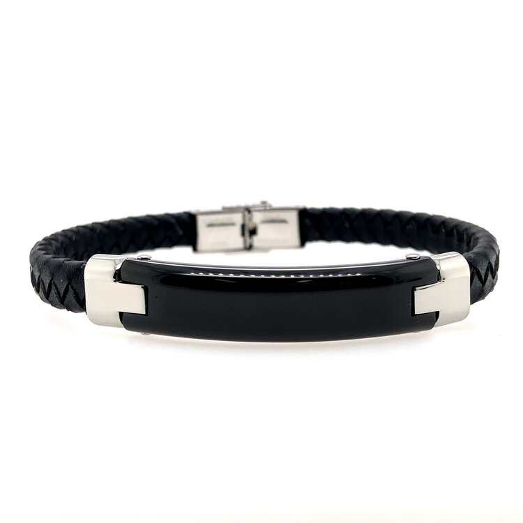 90023 STAINLESS STEEL BLACK IP ID LEATHER BRACELET