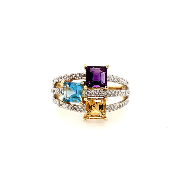 40366 14K YELLOW GOLD MULTI-GEM PRINCESS CUT AND .10TCW DIAMOND OPEN 3 ROW RING