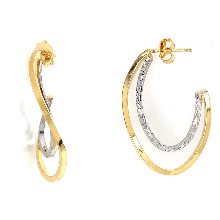 31179 14K TWO TONE DIAMOND CUT  TWISTED DOUBLE HOOPS WITH POST