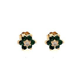 31185 14K YELLOW GOLD  EMERALD FLOWER .16TCW DIAMOND STUDS