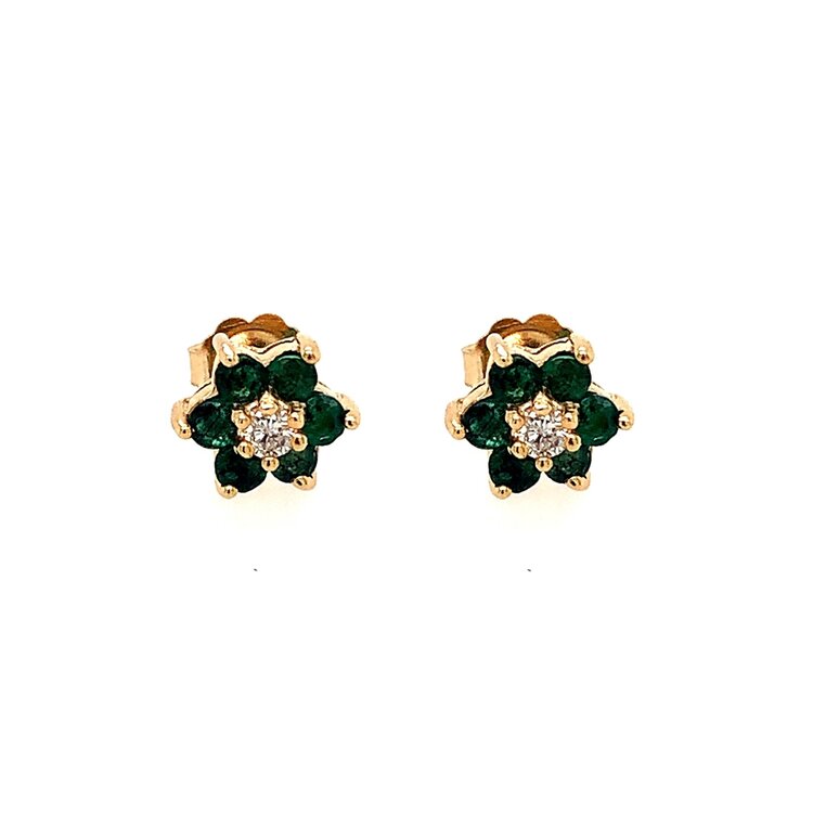 31185 14K YELLOW GOLD  EMERALD FLOWER .16TCW DIAMOND STUDS