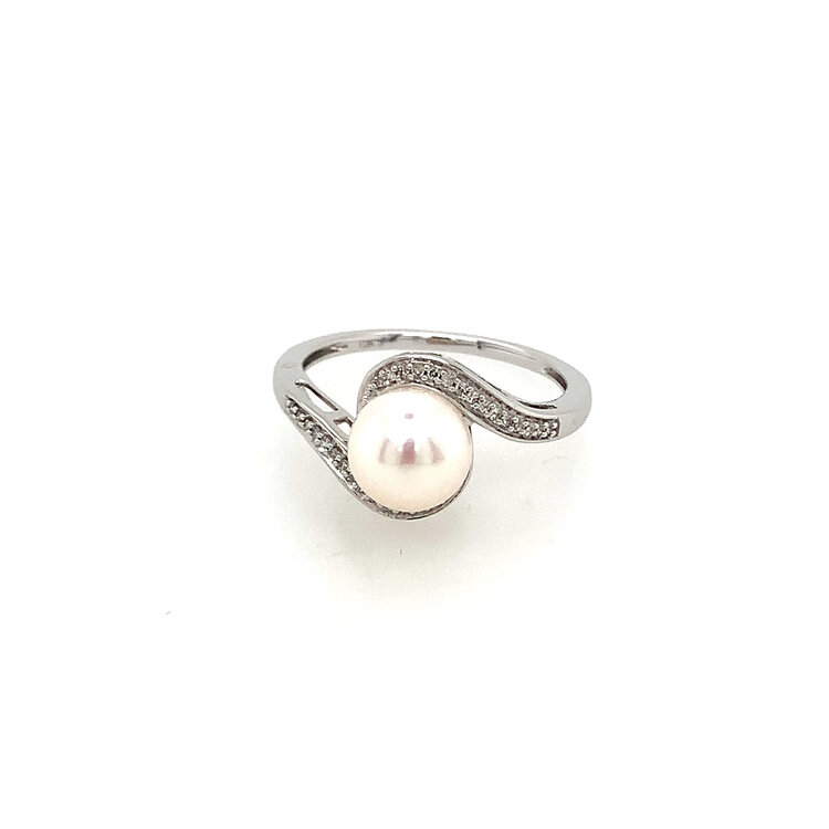 40372 10K WHITE GOLD PEARL .10TCW DIAMOND SWIRL BYPASS DESIGN RING