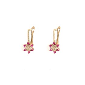 31198 14K YELLOW GOLD PINK AND WHITE CUBIC ZIRCONIA CLUSTER FLOWER FRENCH BACK EARRINGS