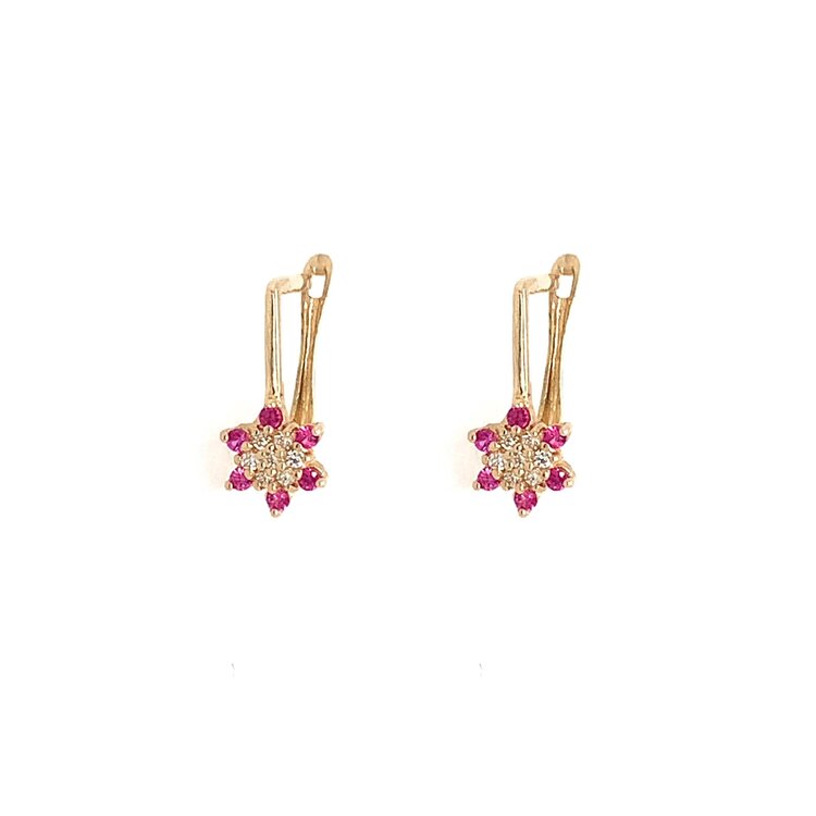 31198 14K YELLOW GOLD PINK AND WHITE CUBIC ZIRCONIA CLUSTER FLOWER FRENCH BACK EARRINGS
