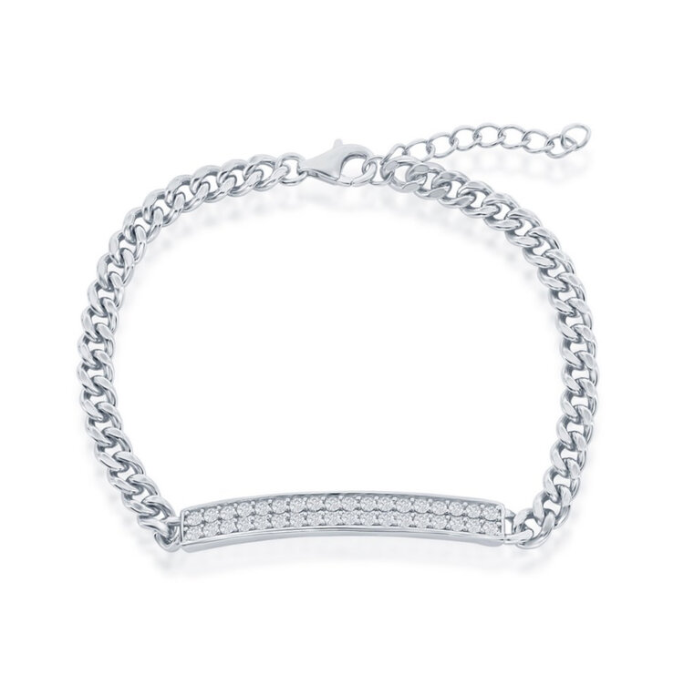 T-8011 STERLING SILVER MICRO PAVE ID CUBAN CHAIN BRACELET