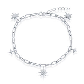 T-7997 STERLING SILVER NORTH STAR CUBIC ZIRCONIA PAPERCLIP BRACELET