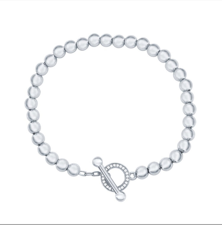 T-8145 STERLING SILVER BEADED TOGGLE CUBIC ZIRCONIA BRACELET