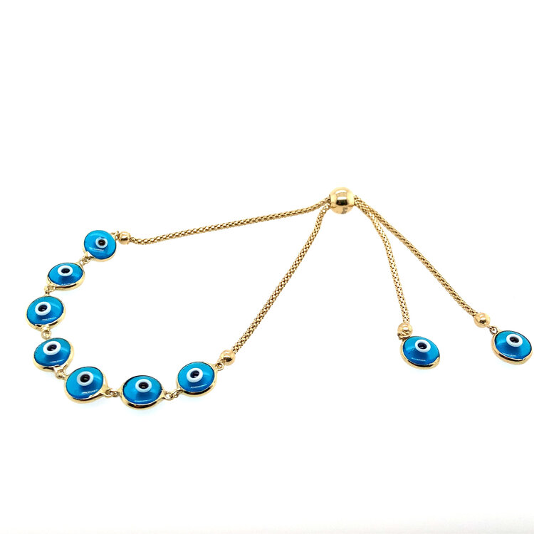 20328 14K YELLOW GOLD MULTI EVIL EYE BOLO BRACELET