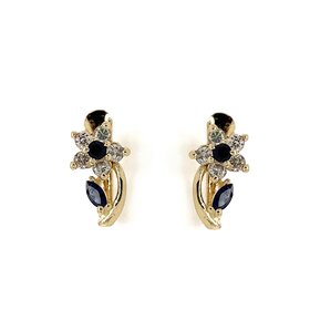 31239 14K YELLOW GOLD CLEAR AND BLUE FLOWER FRENCHBACK EARRINGS