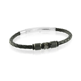 SLB135 ITALGEM  STAINLESS STEEL BLACK IP BEADS ADJUSTABLE CLASP BLACK LEATHER BRACELET