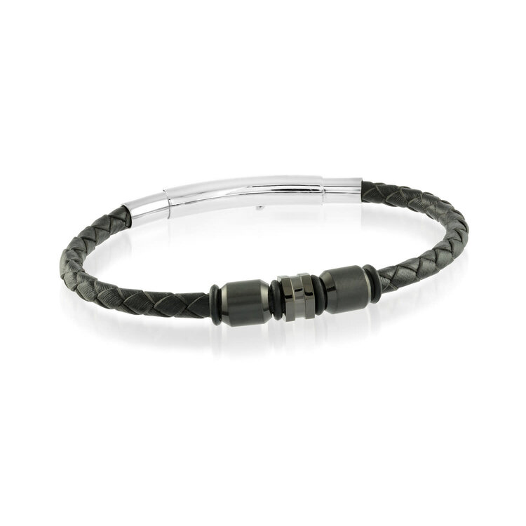 SLB135 ITALGEM  STAINLESS STEEL BLACK IP BEADS ADJUSTABLE CLASP BLACK LEATHER BRACELET