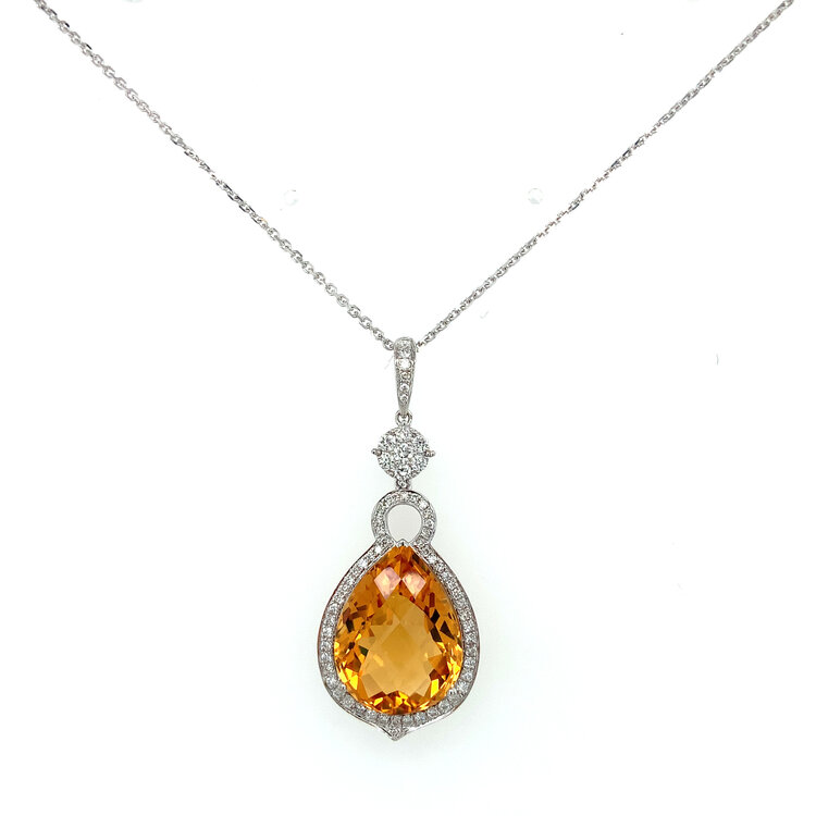 70478 18K WHITE GOLD .43TCW DIAMOND HALO PEAR SHAPE CITRINE PENDANT SET