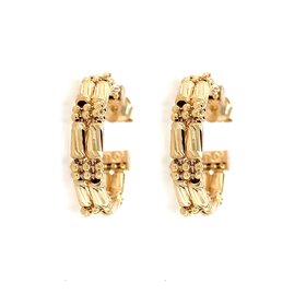 31258 14K YELLOW GOLD  MOON CUT BEAD/BARREL DOUBLE ROW HOOPS
