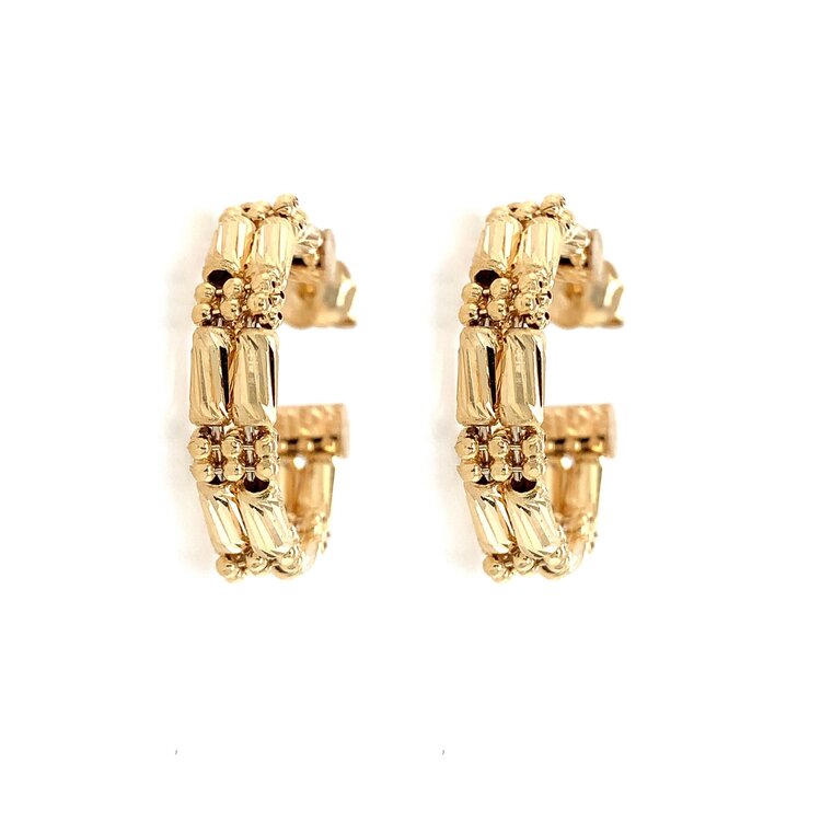 31258 14K YELLOW GOLD  MOON CUT BEAD/BARREL DOUBLE ROW HOOPS