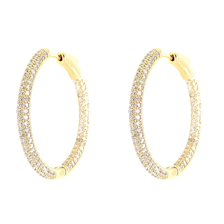 80073 STERLING SILVER GOLD PLATED CUBIC ZIRCONIA PAVE SET IN/OUT HOOPS