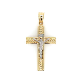 77331 14K TWO TONE SQUARE HIGH POLISH ROPE TEXTURED CRUCIFIX 2.25''
