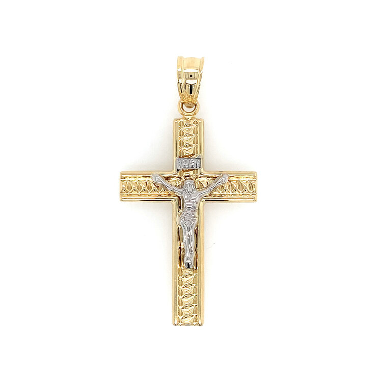 77331 14K TWO TONE SQUARE HIGH POLISH ROPE TEXTURED CRUCIFIX 2.25''