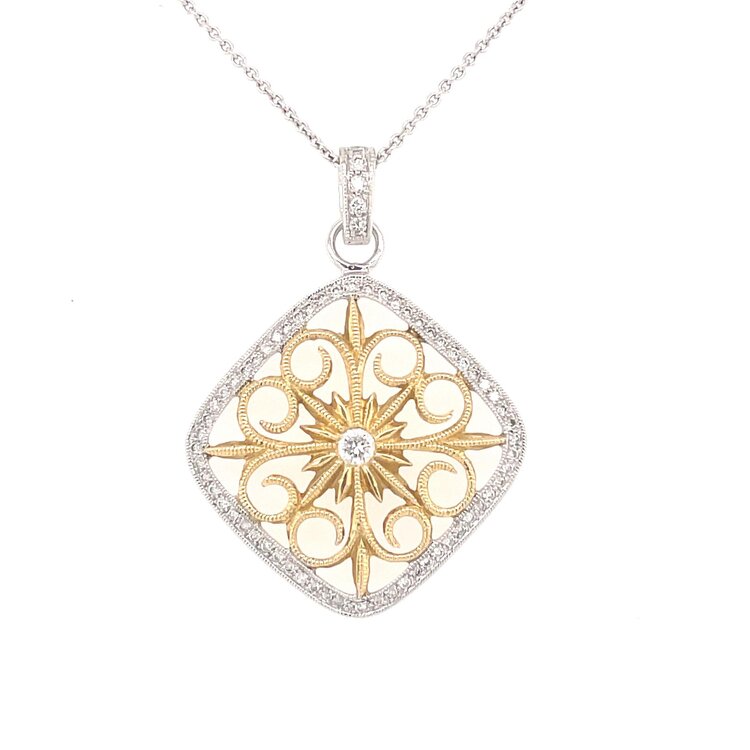 70497 14K TWO TONE .21CT DIAMOND BORDER SQUARE BURSTING SUN PENDANT