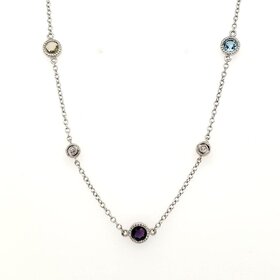 60183 14K WHITE GOLD 16" MULTI GEMSTONE MILIGRAIN BEZEL SET NECKLACE