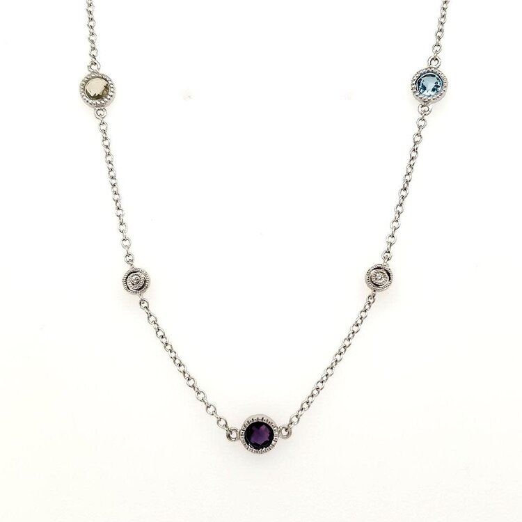 60183 14K WHITE GOLD 16" MULTI GEMSTONE MILIGRAIN BEZEL SET NECKLACE