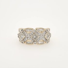 40388 14K YELLOW GOLD 1CT DIAMOND (BAGUETTE/ROUND/PRINCESS CUT) 'X' DESIGN COCKTAIL RING