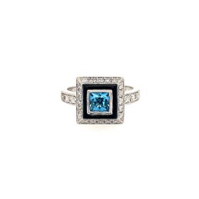 40393 14K WHITE GOLD .40CT DIAMOND SQUARE HALO WITH BLUE TOPAZ CENTER AND BLACK ENAMEL DETAIL