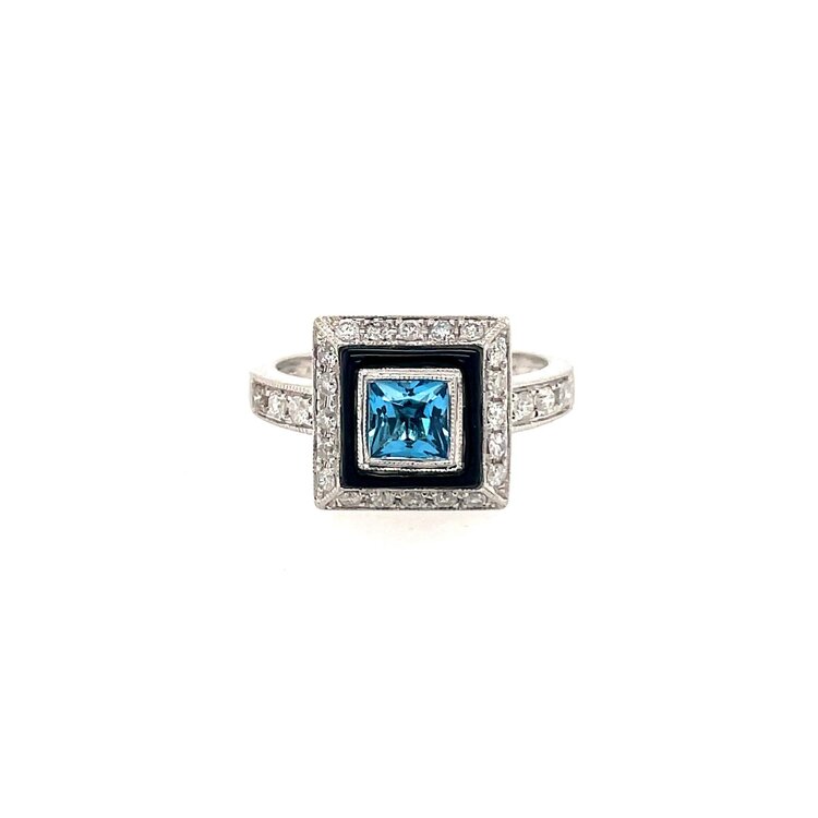 40393 14K WHITE GOLD .40CT DIAMOND SQUARE HALO WITH BLUE TOPAZ CENTER AND BLACK ENAMEL DETAIL