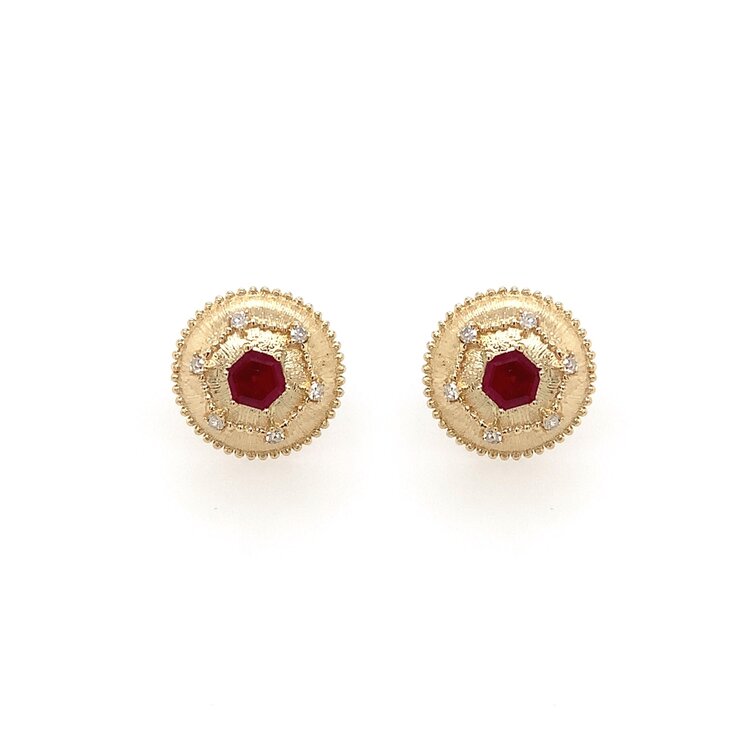 31276 14K YELLOW GOLD .38CT RUBY WITH .06CT DIAMOND SATIN FINISH BUTTON STUDS