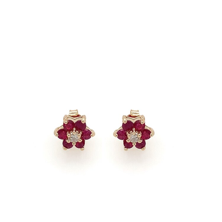 31279 14K YELLOW GOLD RUBY  FLOWER .16TCW DIAMOND STUDS
